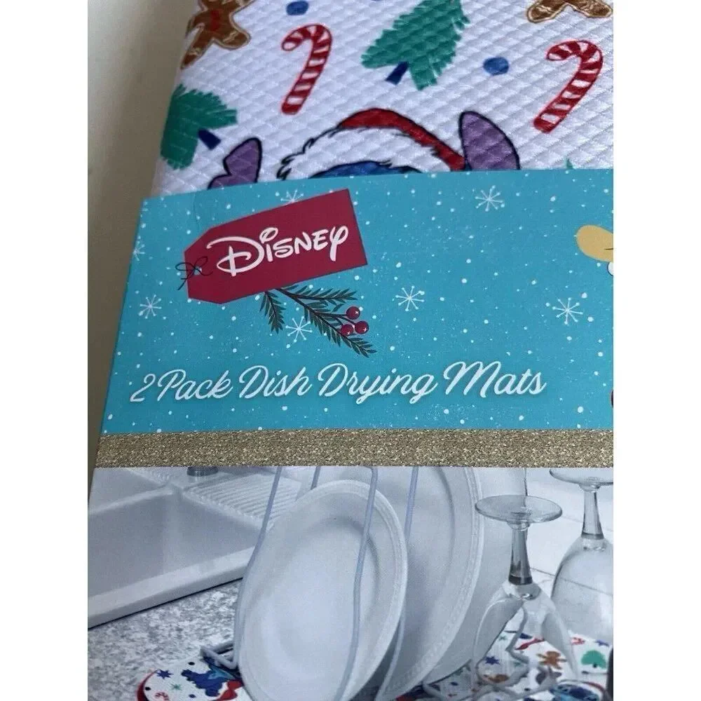 2 Pack Disney Stitch Christmas Dish Drying Mat Santa Hat‎ Gingerbread Candy Cane